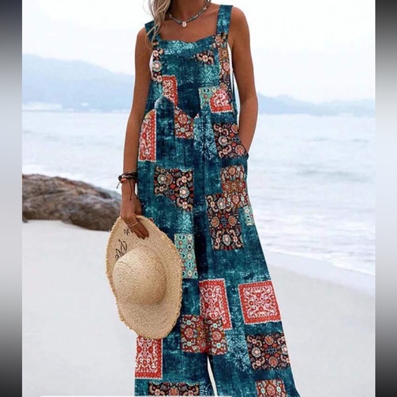 Boho Plus Size Floral Print Overall Wide Leg Jumpsuit - Picture 6 of 7